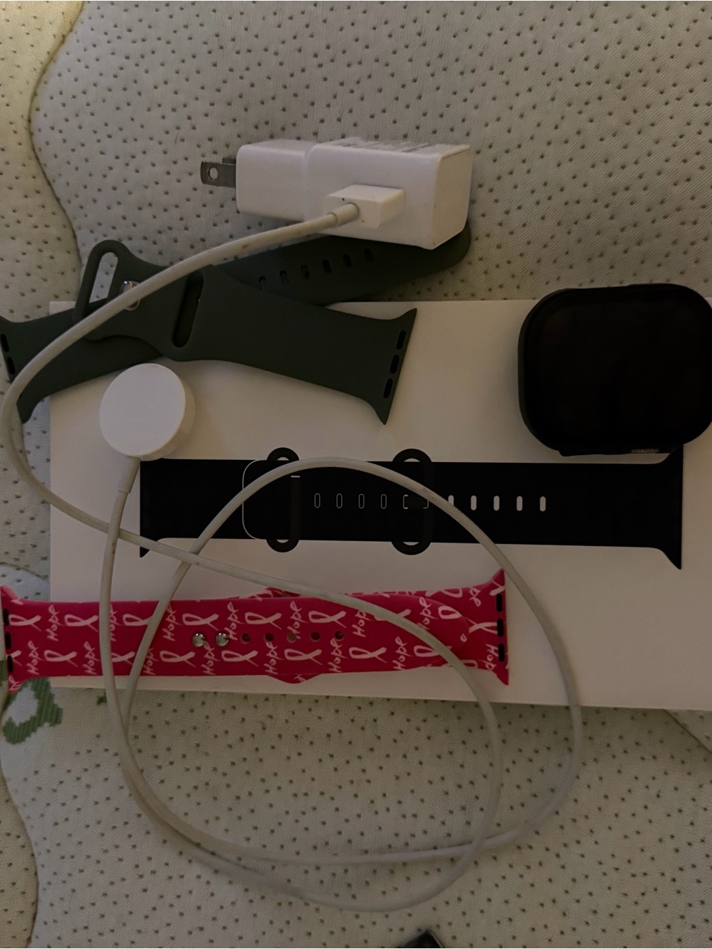 Apple Watch Charger with Green, Black and Pink Sport Bands